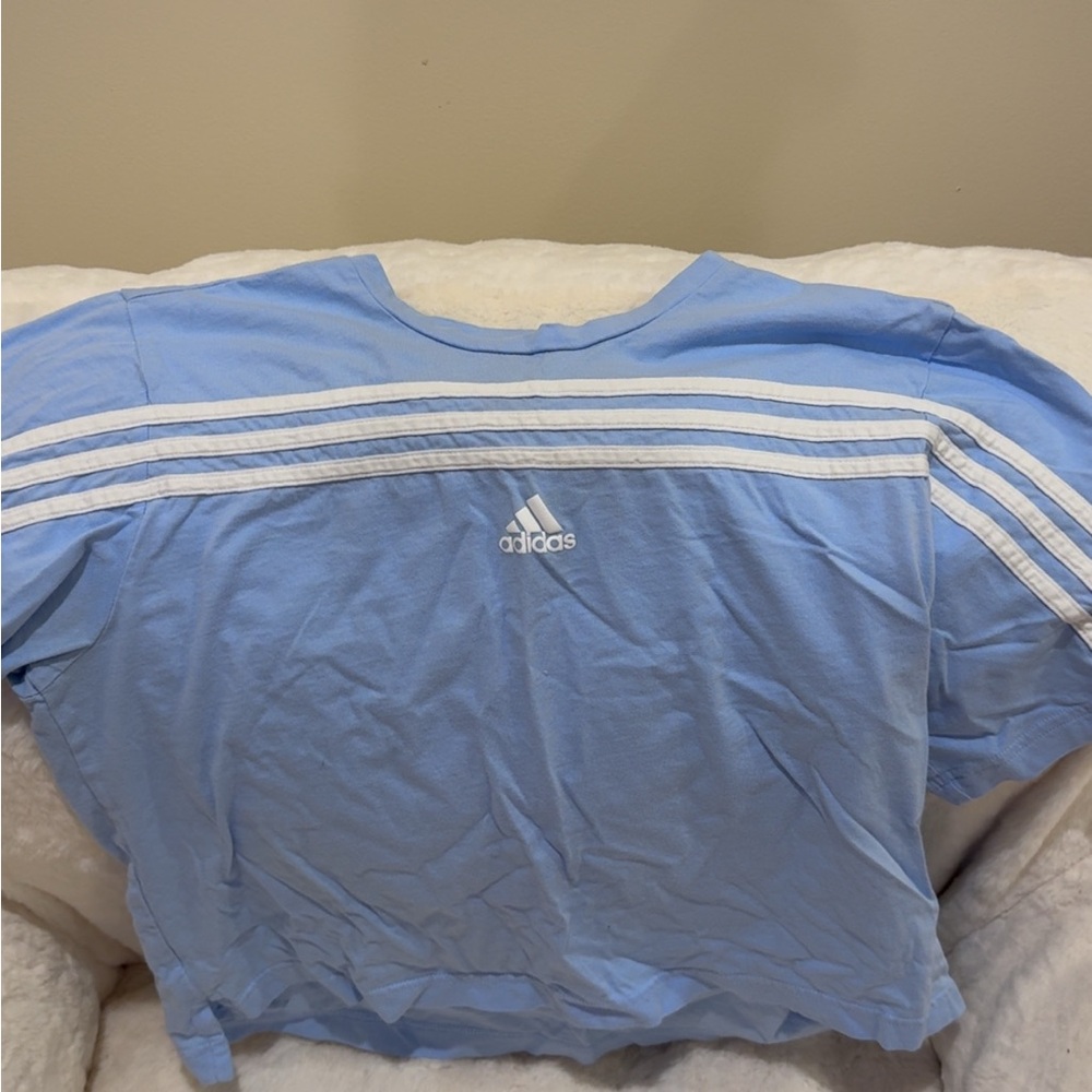 Adidas Light Blue Short Sleeve Top with White Stripes cropped